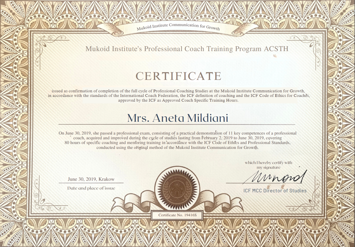 Certificate of professional qualifications of relationship coach Aneta Mildiani.