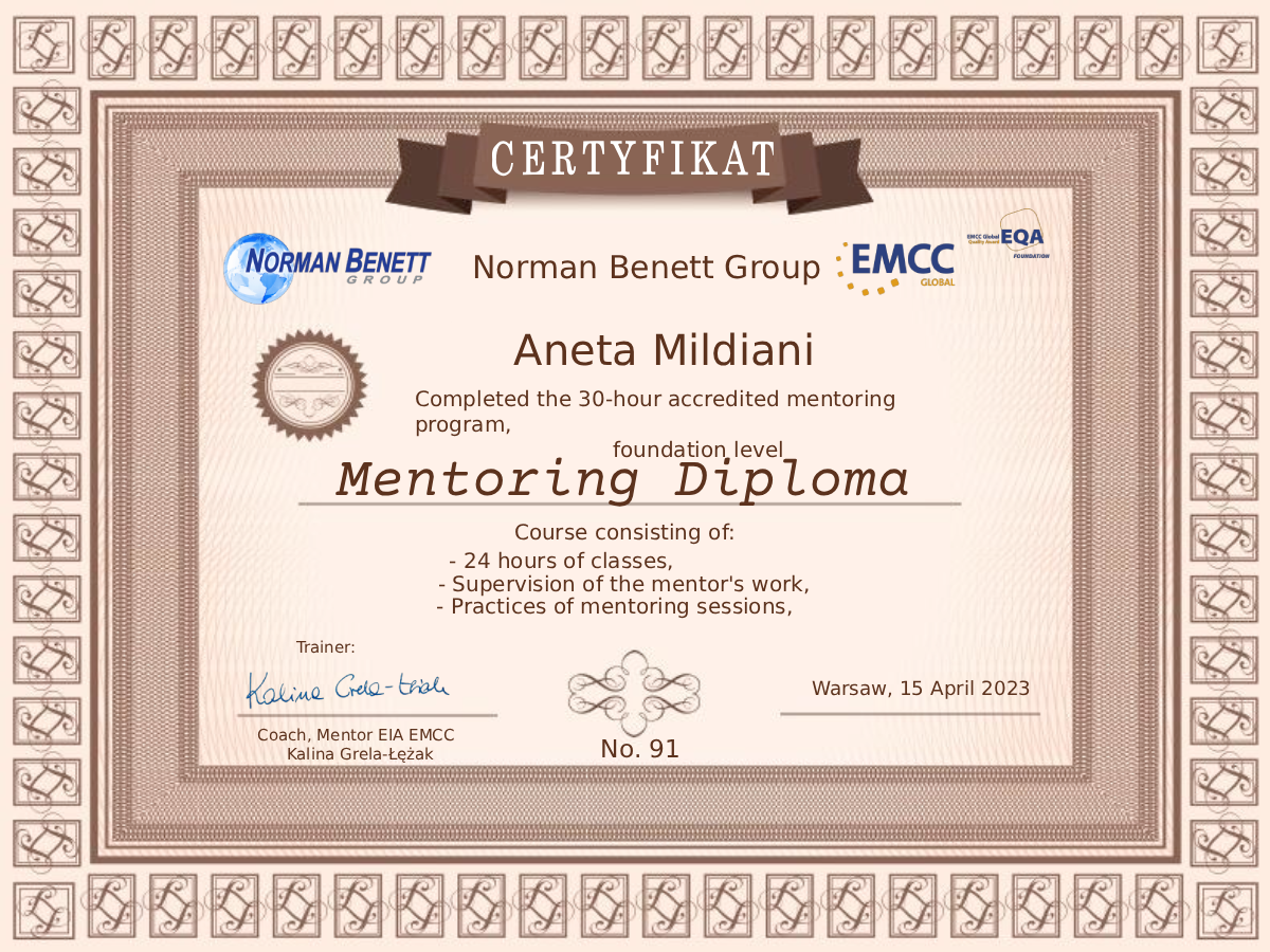 Certificate - Mentoring Diploma of relationship coach Aneta Mildiani.