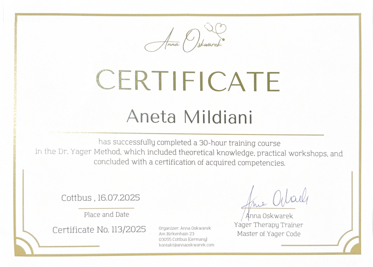 Certificate of professional qualifications in Yager Protocol of relationship coach Aneta Mildiani.