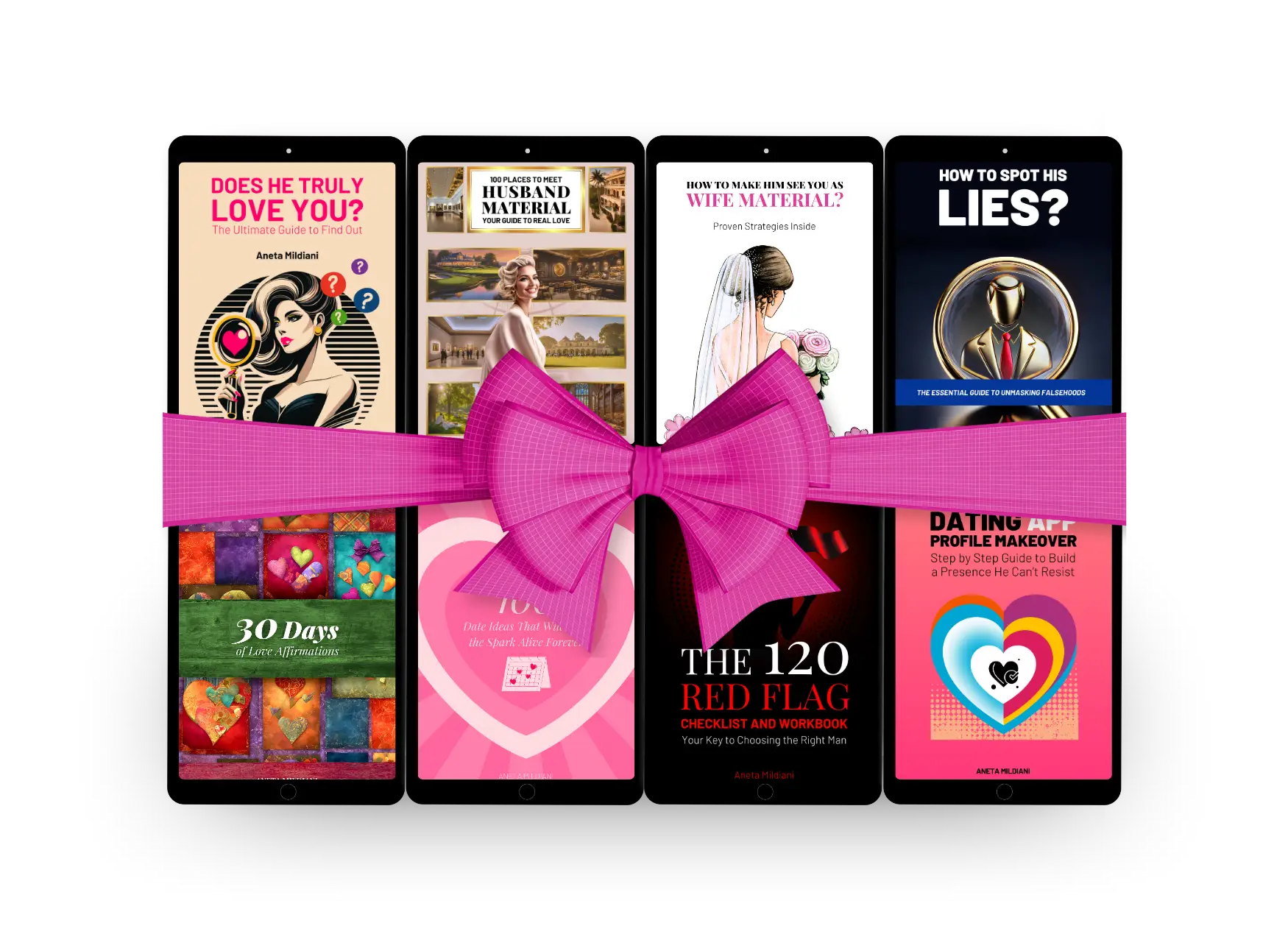 A visual of the 'Love Magnet Starter Kit,' a free bundle of 8 eBooks by Aneta Mildiani. The image shows eight separate eBook covers, including titles like 'Does He Truly Love You?', 'The 120 Red Flag Checklist,' and 'How to Spot His Lies?,' tied together with a large pink bow. This graphic represents a comprehensive guide for women on building healthy relationships and finding a committed partner.