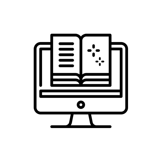 Faq icon in Aneta Mildiani store - computer with a book symbolizing online learning.