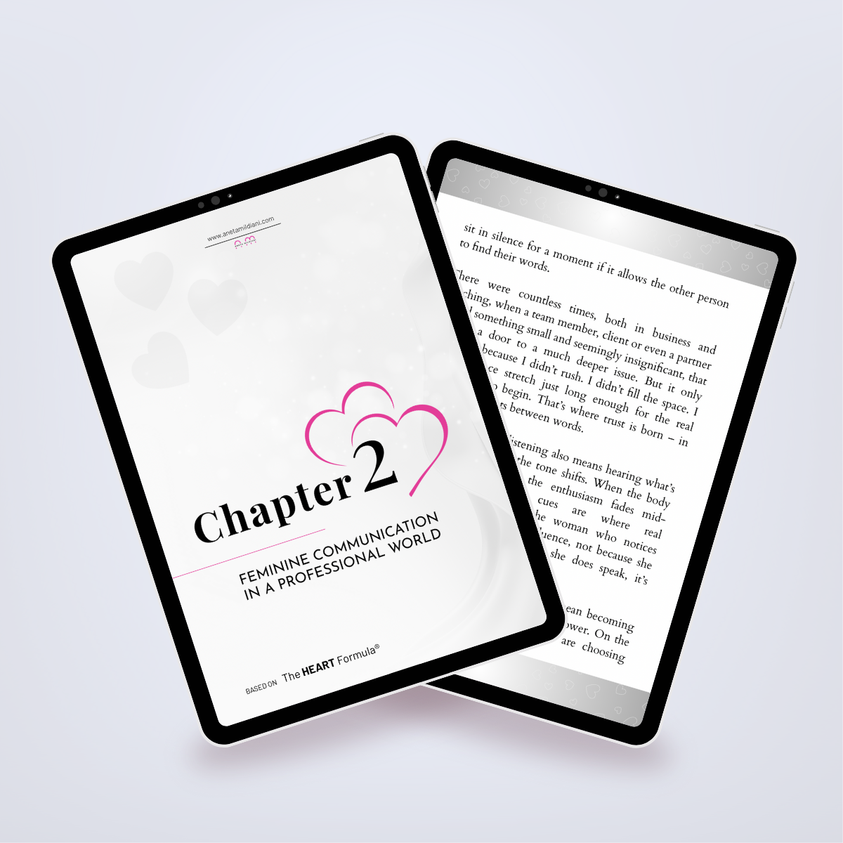 Pages from inside the ebook shown in a tablet mockup, featuring advice for high-achieving women. Title: 'Boss Babe Rising'. Author: Aneta Mildiani. Guidance on leveraging feminine power to achieve both career success and deep love.