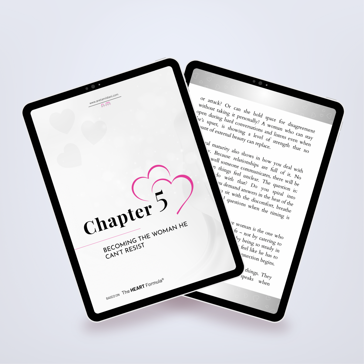 Pages from inside the ebook shown in a tablet mockup, outlining the steps to identify a committed man. Title: 'From Mr. Wrong to Mr. Right'. Author: Aneta Mildiani. Strategies for attracting a partner ready for deep, lasting love.