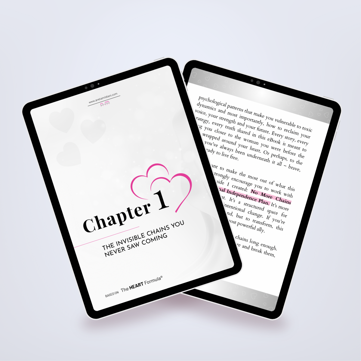 Pages from inside the ebook shown in a tablet mockup, detailing steps to overcome codependency. Title: 'No More Chains'. Author: Aneta Mildiani. Learn to build loving, balanced relationships without unhealthy emotional need.