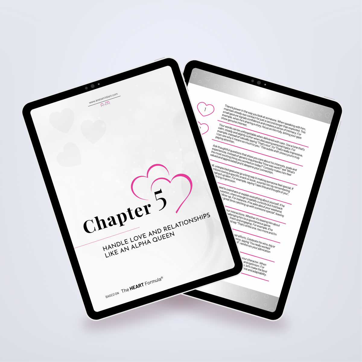 Pages from inside the ebook shown in a tablet mockup, featuring tips on feminine leadership and attraction. Title: 'The Alpha Queen'. Author: Aneta Mildiani. Strategies for using feminine energy to attract high-value, loving partners.
