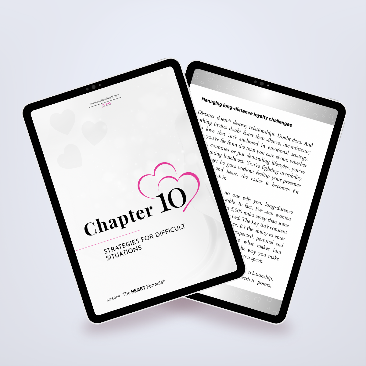 Pages from inside the ebook shown in a tablet mockup, covering the steps to ensure a partner's faithfulness. Title: 'The Loyalty Formula'. Author: Aneta Mildiani. Strategies for a secure, loving, and exclusive relationship.
