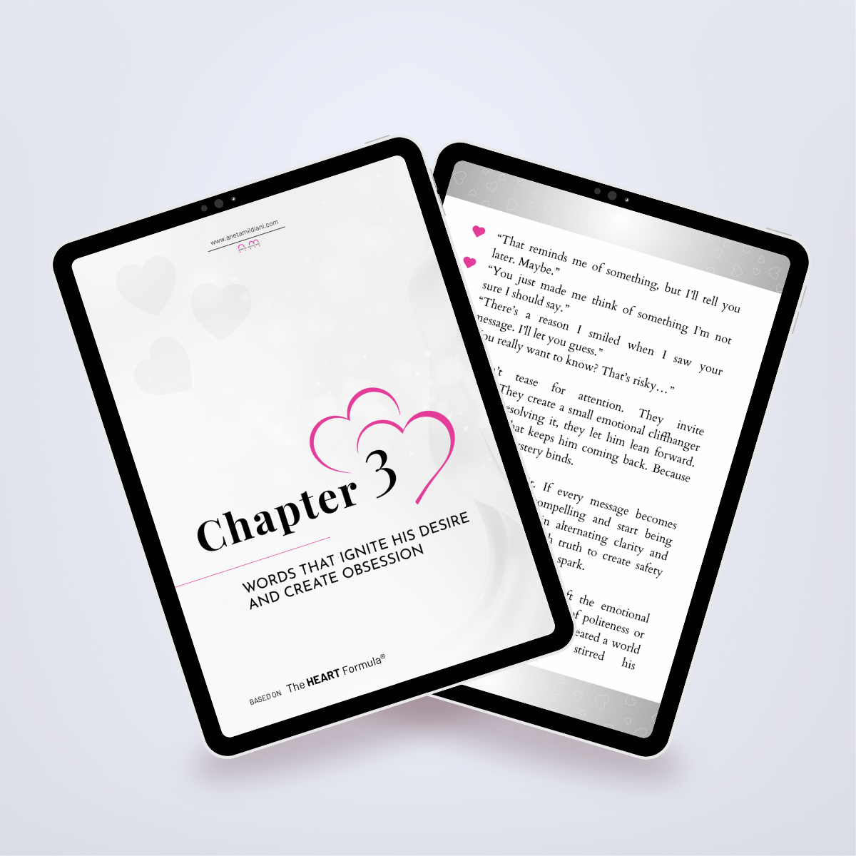 Pages from inside the ebook shown in a tablet mockup, featuring examples of texts to build attraction. Title: 'The Power of Texting'. Author: Aneta Mildiani. Master the art of communication to deepen love and connection.