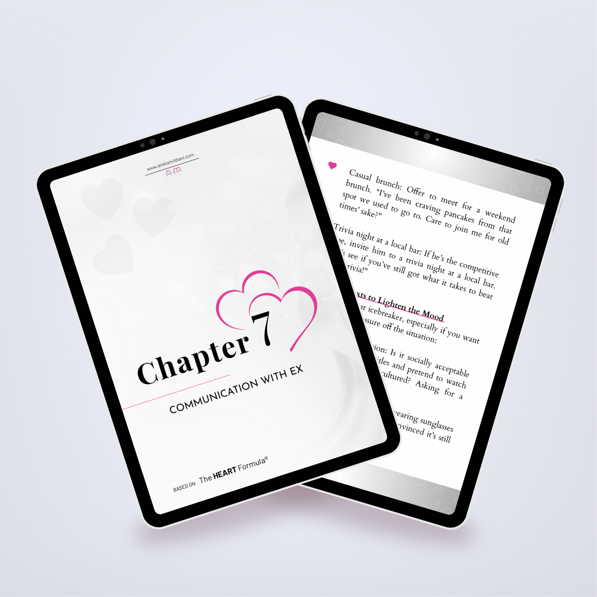 Additional internal pages of the ebook in a digital mockup, focusing on getting back your ex. Title: 'The Ultimate Guide to Getting Back Your Ex in 30 Days'. Author: Aneta Mildiani. Expert advice on securing a loving, committed partnership.