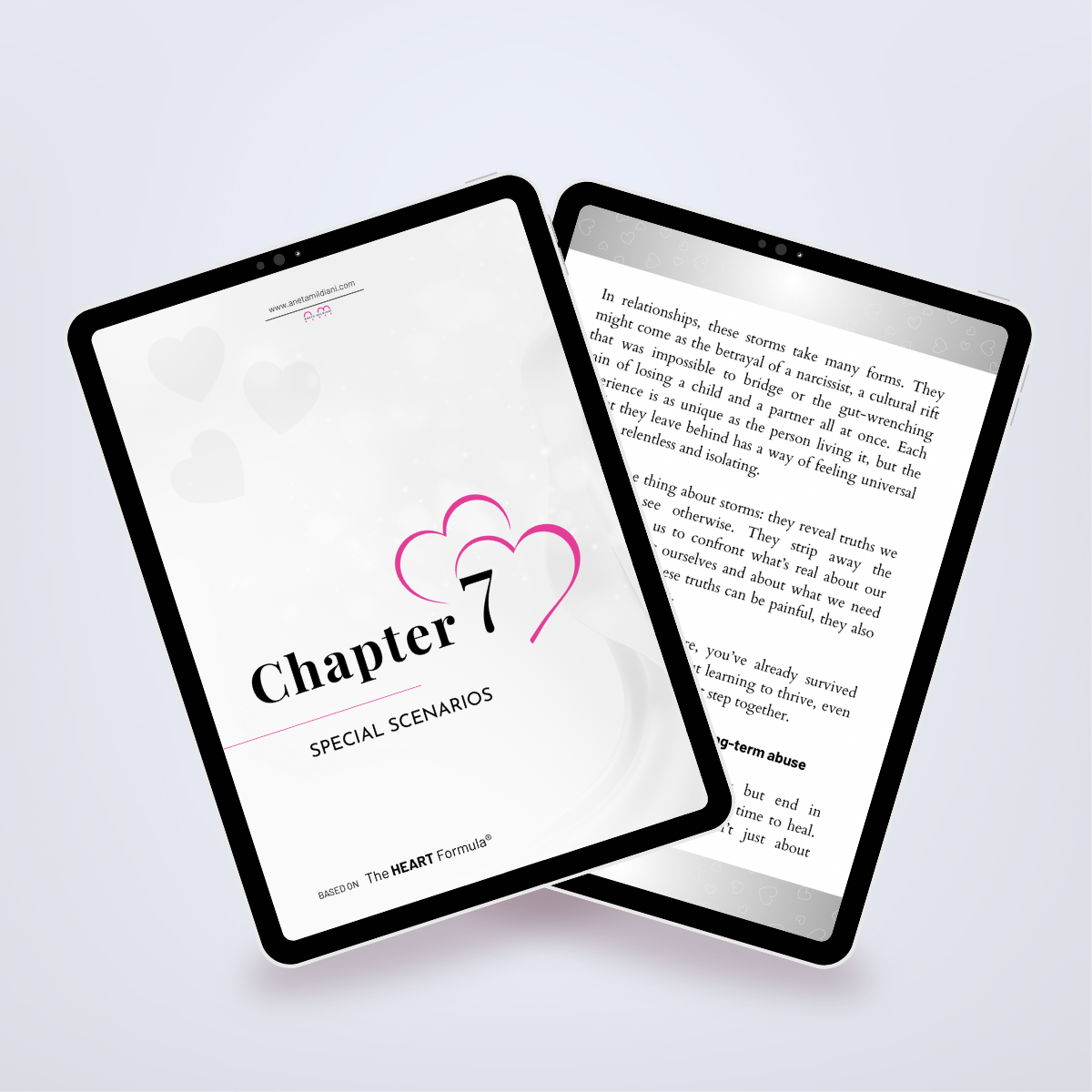 Additional internal pages of the ebook in a digital mockup, focused on post-breakup transformation. Title: 'Transform the Pain of a Broken Heart into Power'. Author: Aneta Mildiani. Expert guidance for recovering and moving towards a loving future.