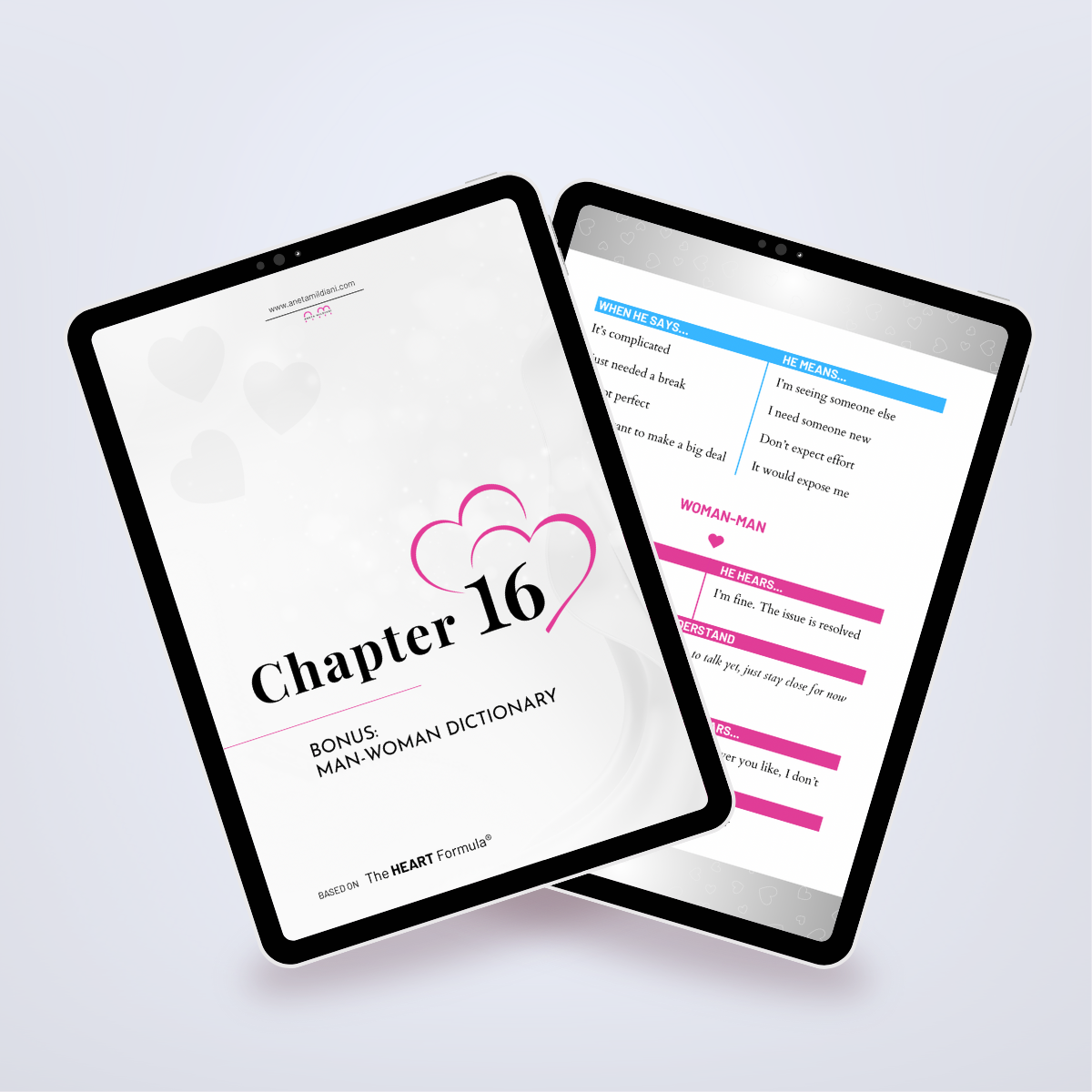 Additional internal pages of the ebook in a digital mockup, focused on influencing men through words. Title: 'Decode His Mind, Say the Right Words'. Author: Aneta Mildiani. Expert relationship coaching for women seeking genuine connection and love.