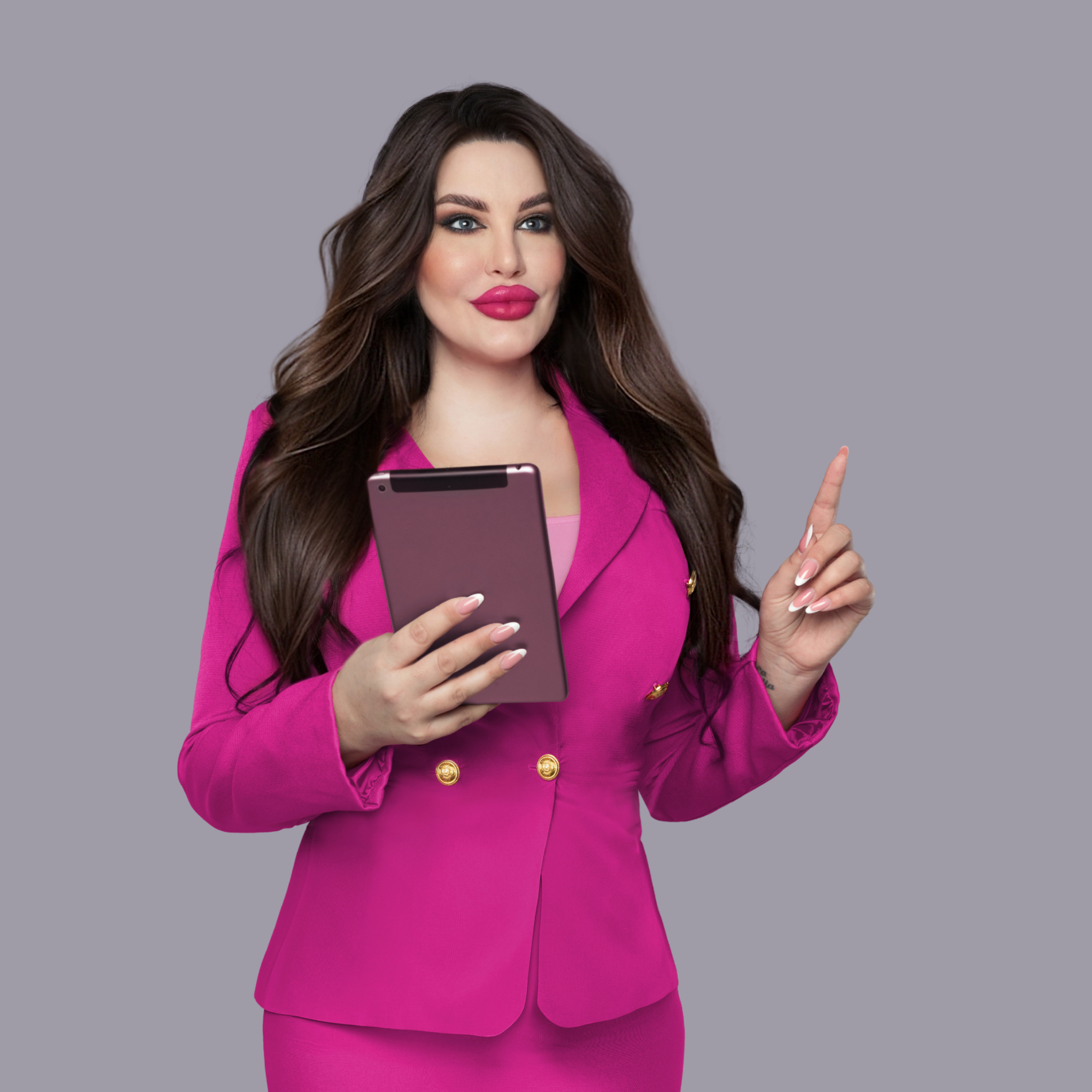 Aneta Mildiani - Relationship Coach wearing pink suit offering her consultation Digital Profile Makeover.