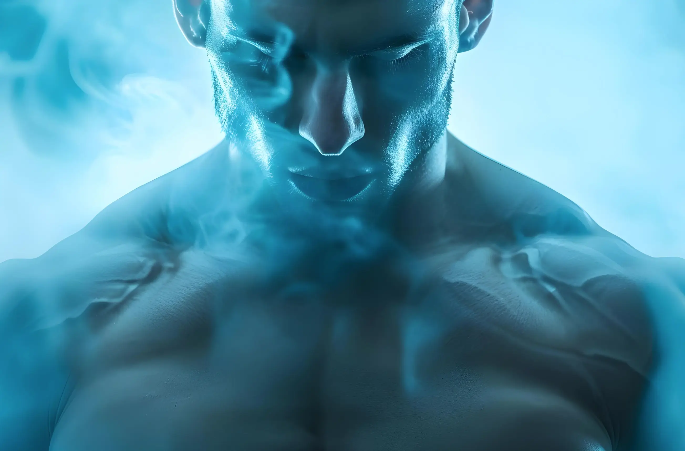 Highly stylized, smoky image of a strong, masculine man's upper body, representing the focus on attracting a dominant, masculine partner, polarity in relationships, and high-value dating strategies.