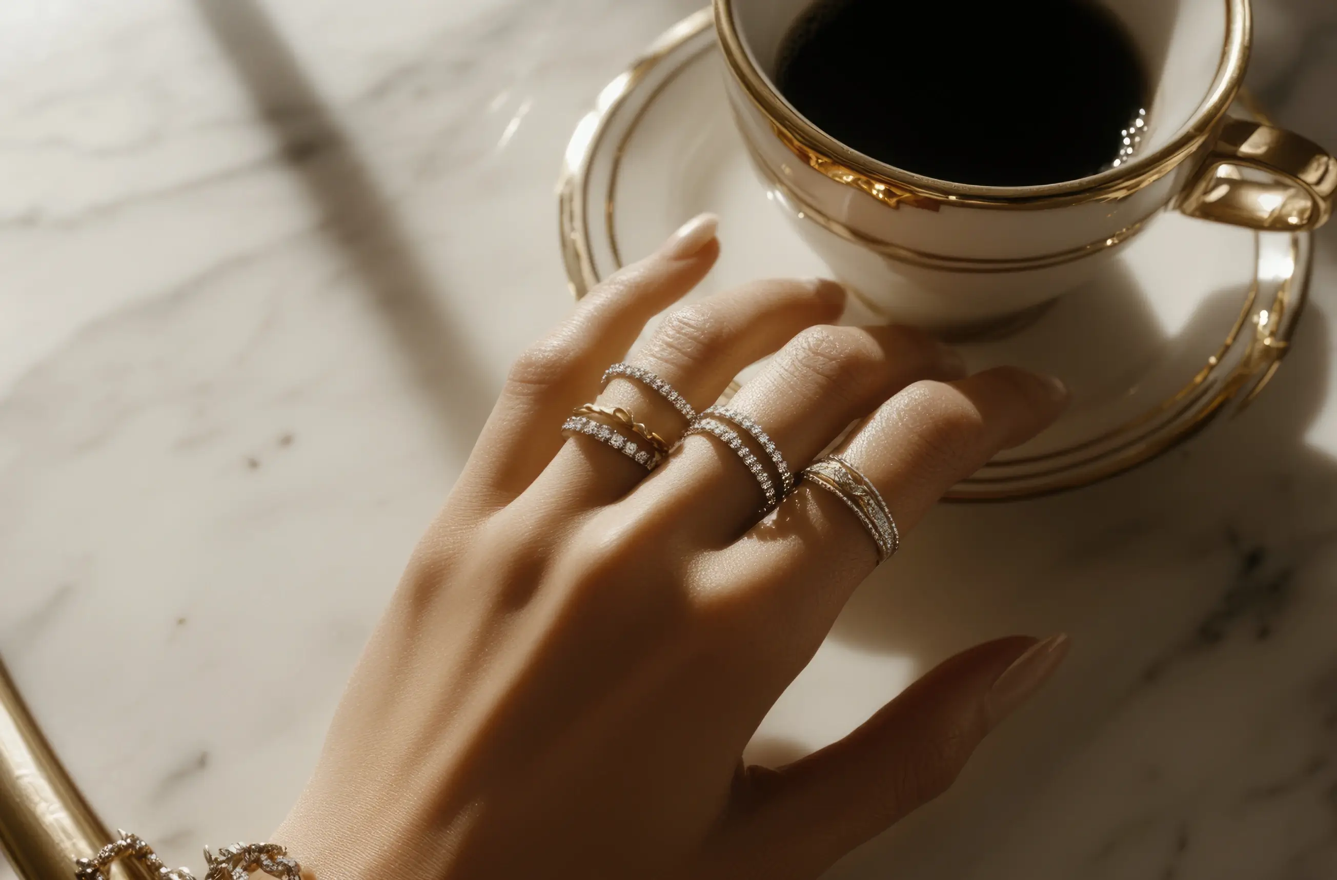 A luxurious photo of a woman's manicured hand wearing sophisticated jewelry, representing the aspirational lifestyle, elegance, and success of a truly high-value woman and traditional femininity.