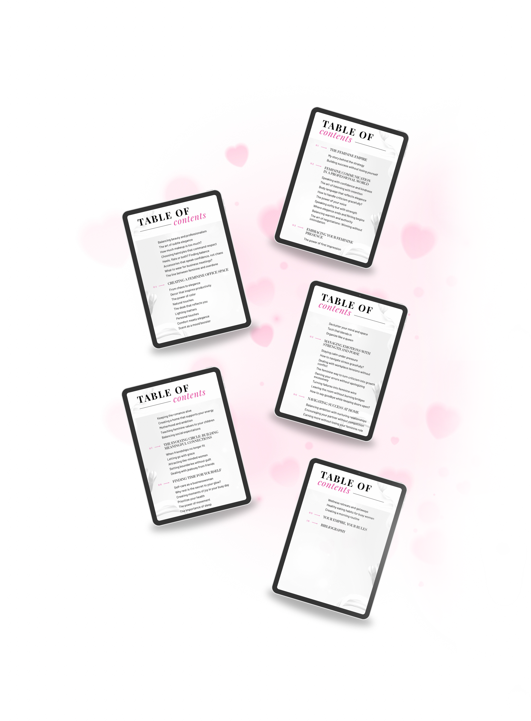 Multiple black tablet mockups displaying the table of contents of the ebook, outlining a strategy for success in life and love. Title: 'Boss Babe Rising'. Author: Aneta Mildiani. Coaching for women who want professional success and committed love.
