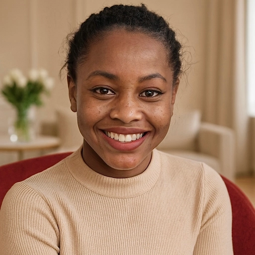 A client with a serene, happy smile, reviewing the e-book. She found peace, love, and stability in her relationship using the guidance from Aneta Mildiani.