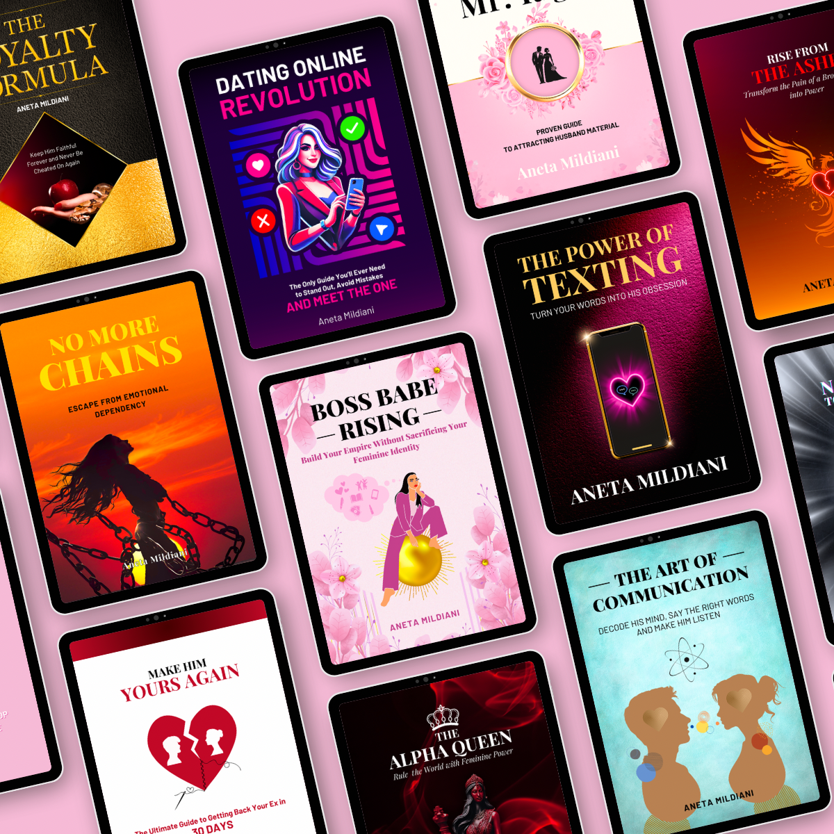 Ebooks Mockups on pink background presenting ebook category on Aneta Mildiani store.