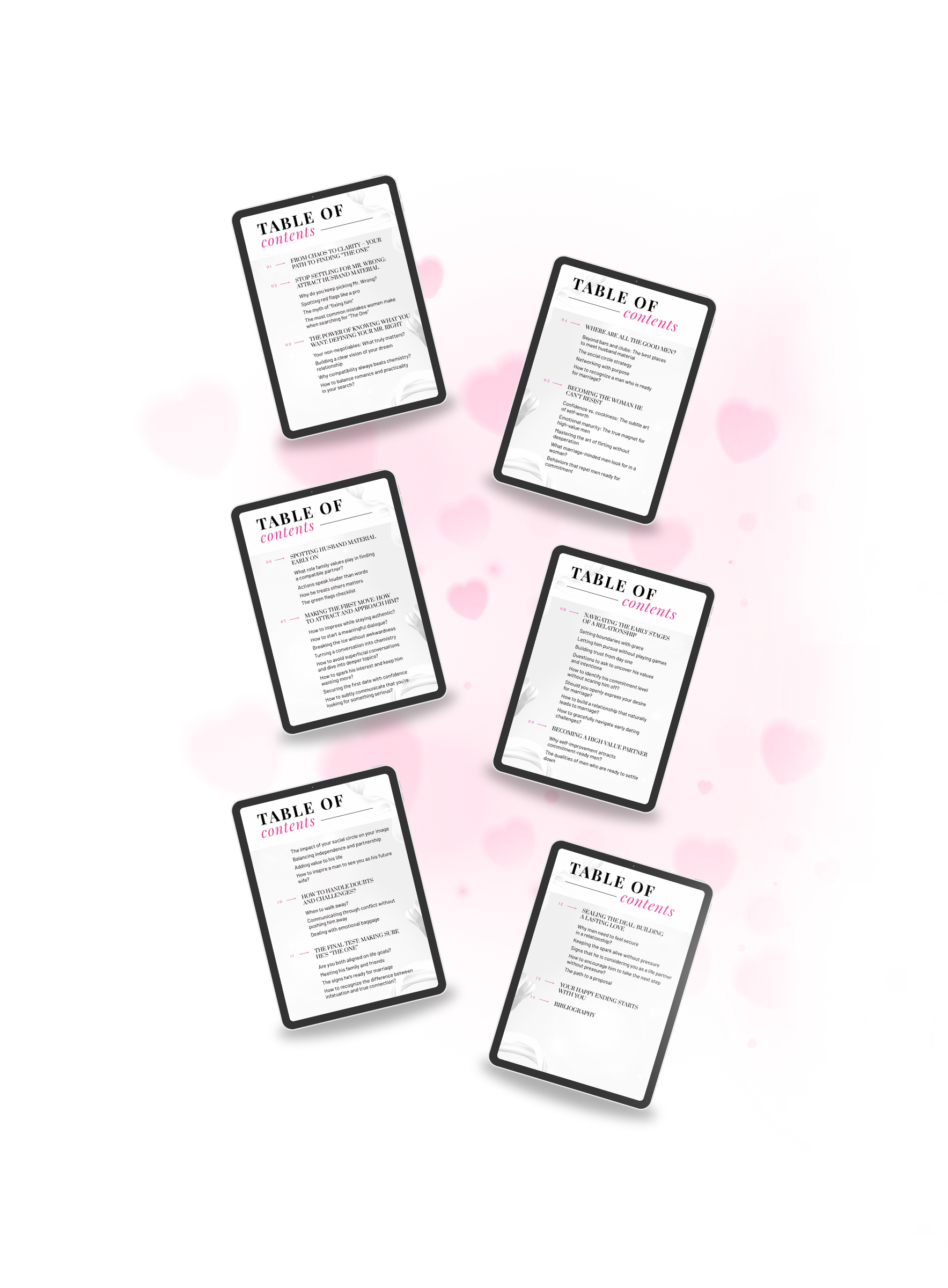 Multiple black tablet mockups displaying the table of contents of the ebook, detailing the shift from bad to true love. Title: 'From Mr. Wrong to Mr. Right'. Author: Aneta Mildiani. Your roadmap to finding profound, committed love.