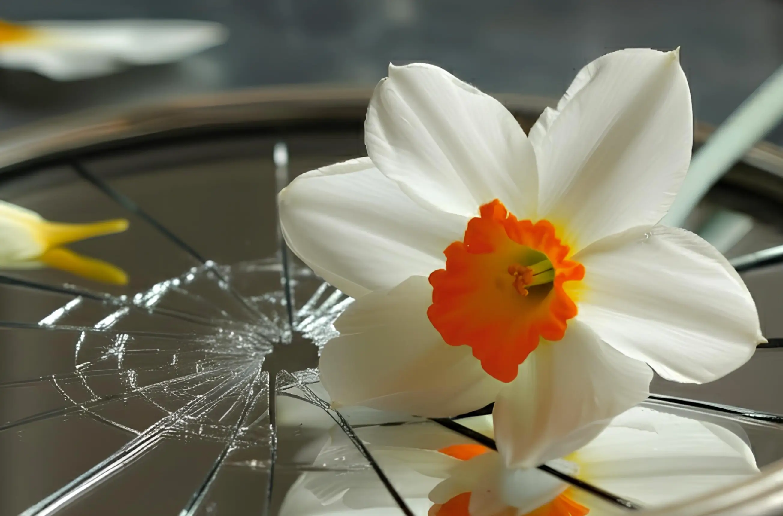 A symbolic image of a white daffodil flower, the symbol of narcissism, lying on cracked or broken mirrored glass, representing the destructive nature of recognizing and dealing with a narcissist in a relationship.