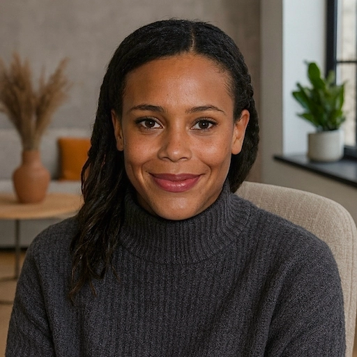 Portrait of a client smiling, holding a card with her testimonial. She shares her success in navigating love with the help of Aneta Mildiani's expert e-book.