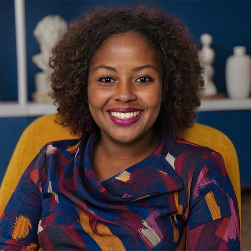 A smiling client focused on her phone, displaying a review. She achieved her goal of securing a lasting, fulfilling relationship through Aneta Mildiani's strategies.