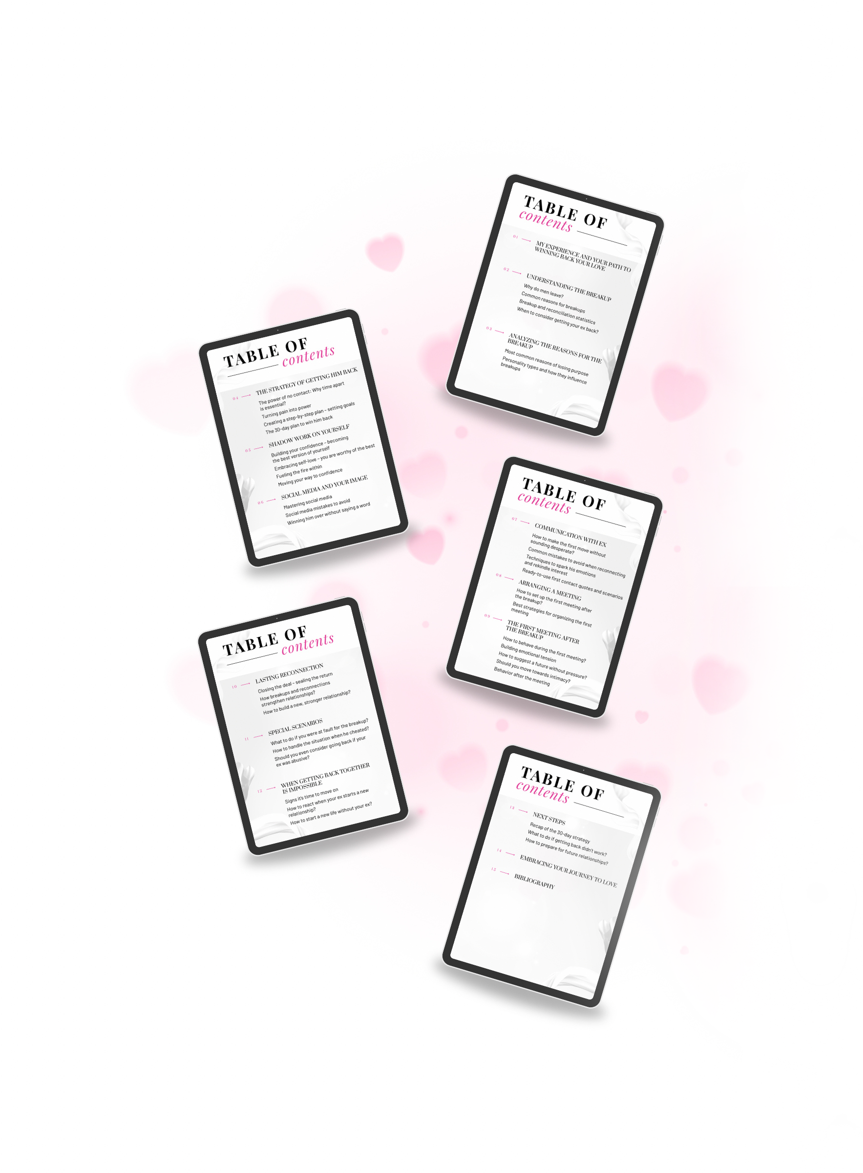 Multiple black tablet mockups displaying the table of contents of the ebook, outlining the path to love. Title: 'Make Him Yours Again'. Author: Aneta Mildiani. Essential guide for successful relationship coaching and second chances.