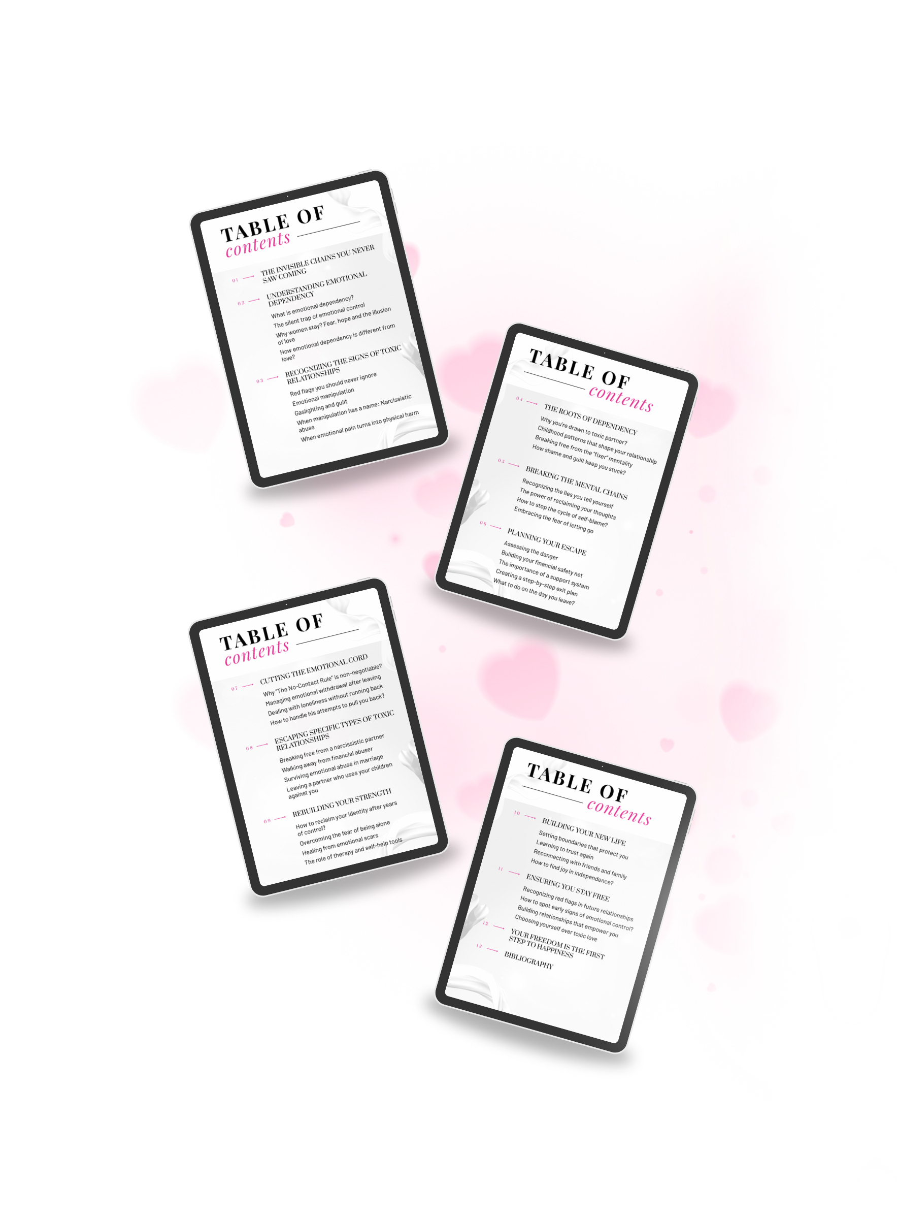 Multiple black tablet mockups displaying the table of contents of the ebook, outlining the path to independence in love. Title: 'No More Chains'. Author: Aneta Mildiani. Relationship coaching for finding secure self-worth and genuine love.