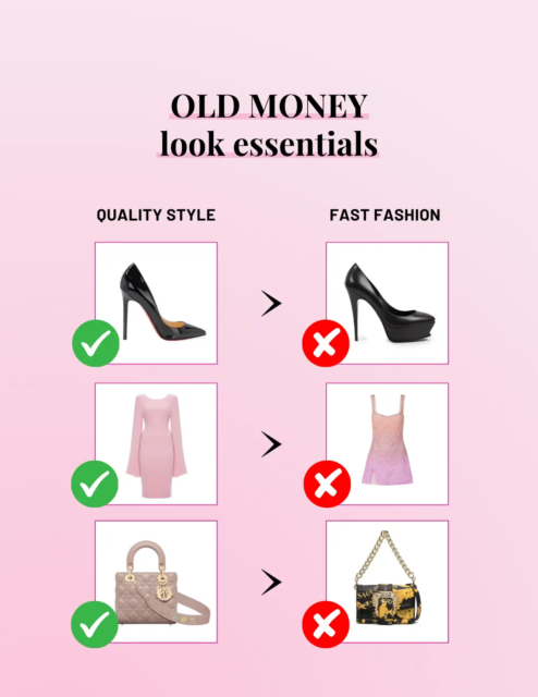 Visual guide comparing the Old Money aesthetic and quality style against fast fashion, emphasizing traditional values, timeless elegance, and how to dress like a high-value woman.