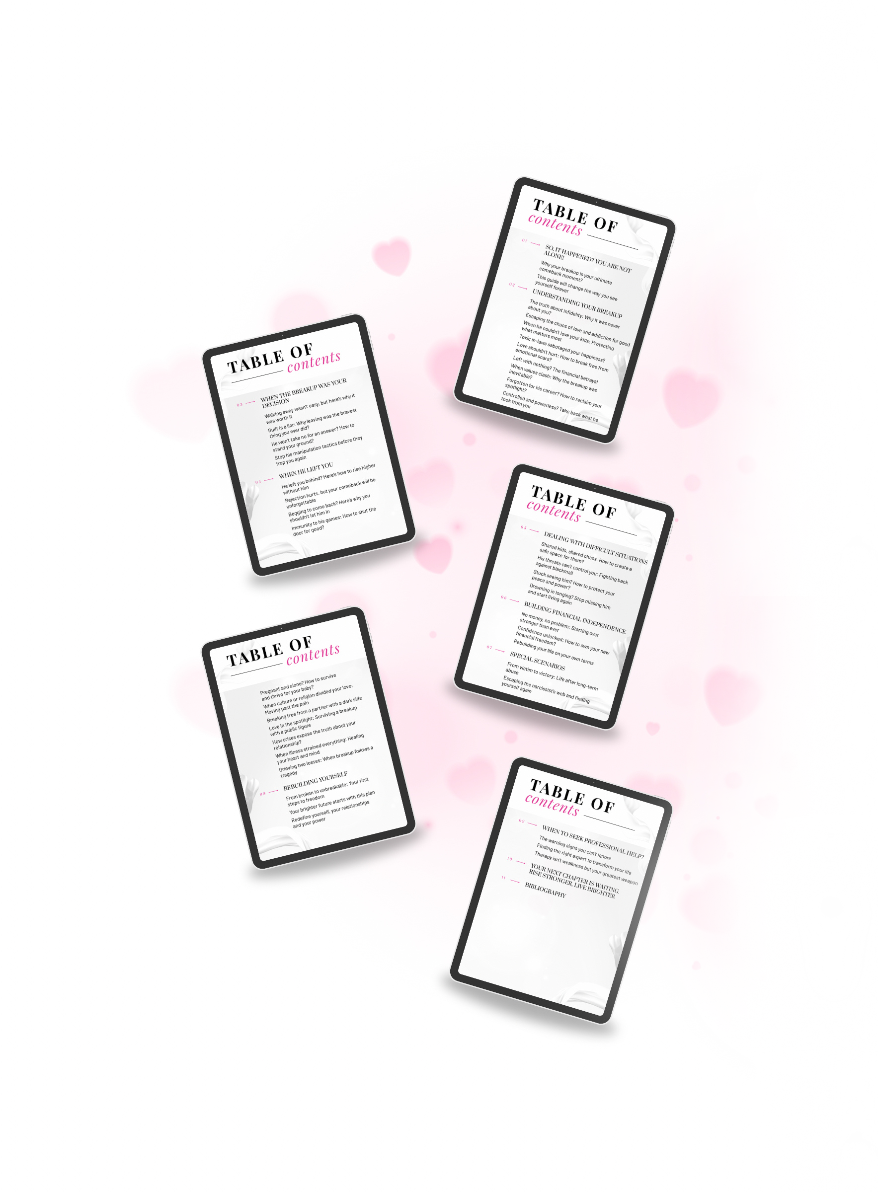 Multiple black tablet mockups displaying the table of contents of the ebook, showing the journey to recovery and strength. Title: 'Rise from the Ashes'. Author: Aneta Mildiani. Relationship coaching for self-love, confidence, and attracting quality love.