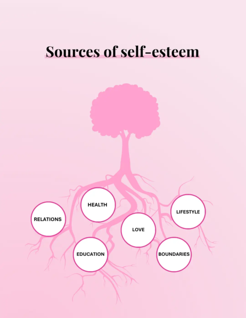 Diagram showing the core sources of high self-esteem, including setting strong boundaries, healthy relations, love, education, and lifestyle, critical for building self-worth after a difficult relationship.