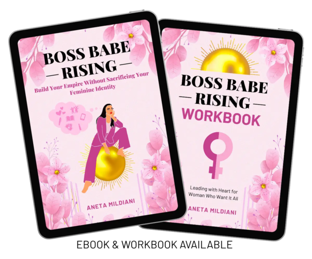 Covers of workbook and eBook “Boss Babe Rising: Build Your Empire Without Sacrificing Your Feminine Identity” by Aneta Mildiani.