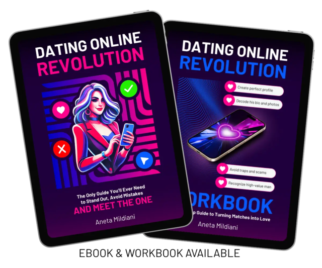 Covers of workbook and eBook “Dating Online Revolution: The Only Guide You’ll Ever Need to Stand Out, Avoid Mistakes and Meet the One” by Aneta Mildiani.
