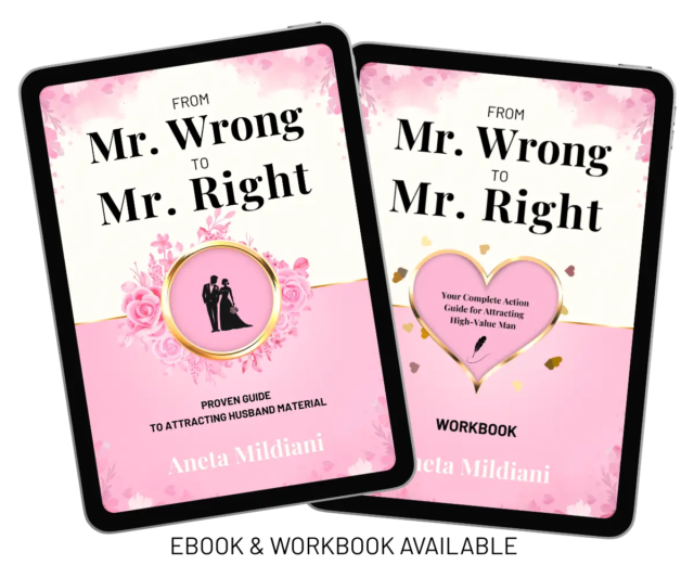 Covers of workbook and eBook “From Mr. Wrong to Mr. Right: The Proven Guide to Attracting Husband Material” by Aneta Mildiani.