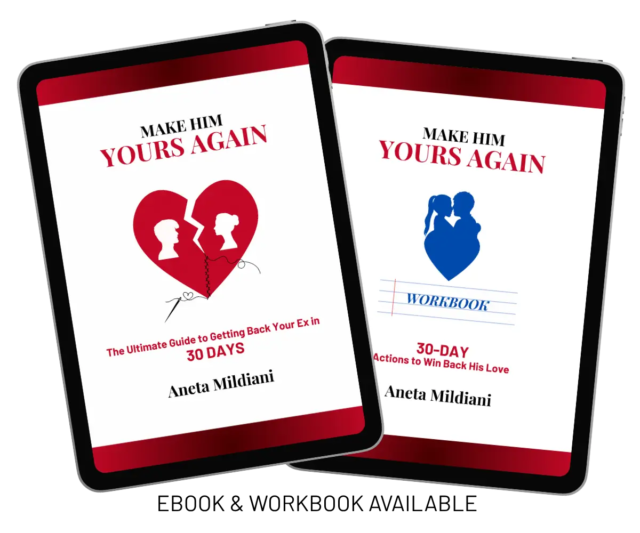 Covers of workbook and eBook “Make Him Yours Again: The Ultimate Guide to Getting Back Your Ex in 30 Days” by Aneta Mildiani.