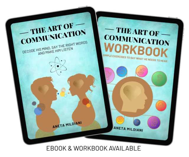 Covers of workbook and eBook “The Art of Communication: Decode His Mind, Say the Right Words and Make Him Listen” by Aneta Mildiani.