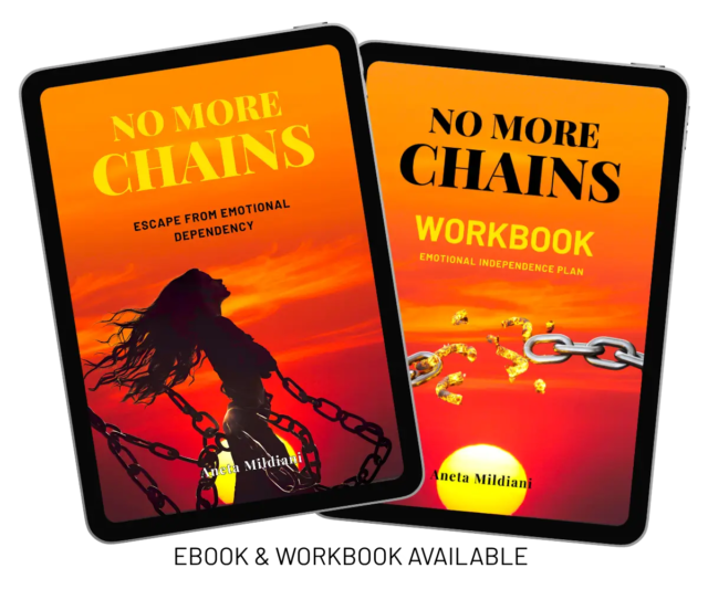 Covers of workbook and eBook “No More Chains: Escape from Emotional Dependency” by Aneta Mildiani.