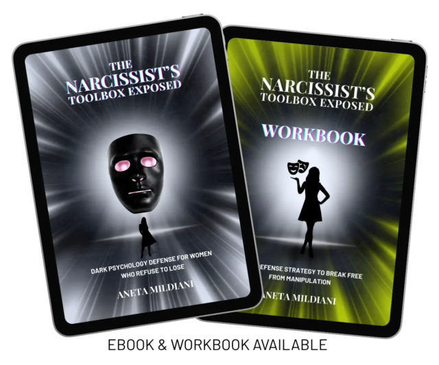 Covers of workbook and eBook “The Narcissist’s Toolbox Exposed: Dark Psychology Defense for Women Who Refuse to Lose” by Aneta Mildiani.