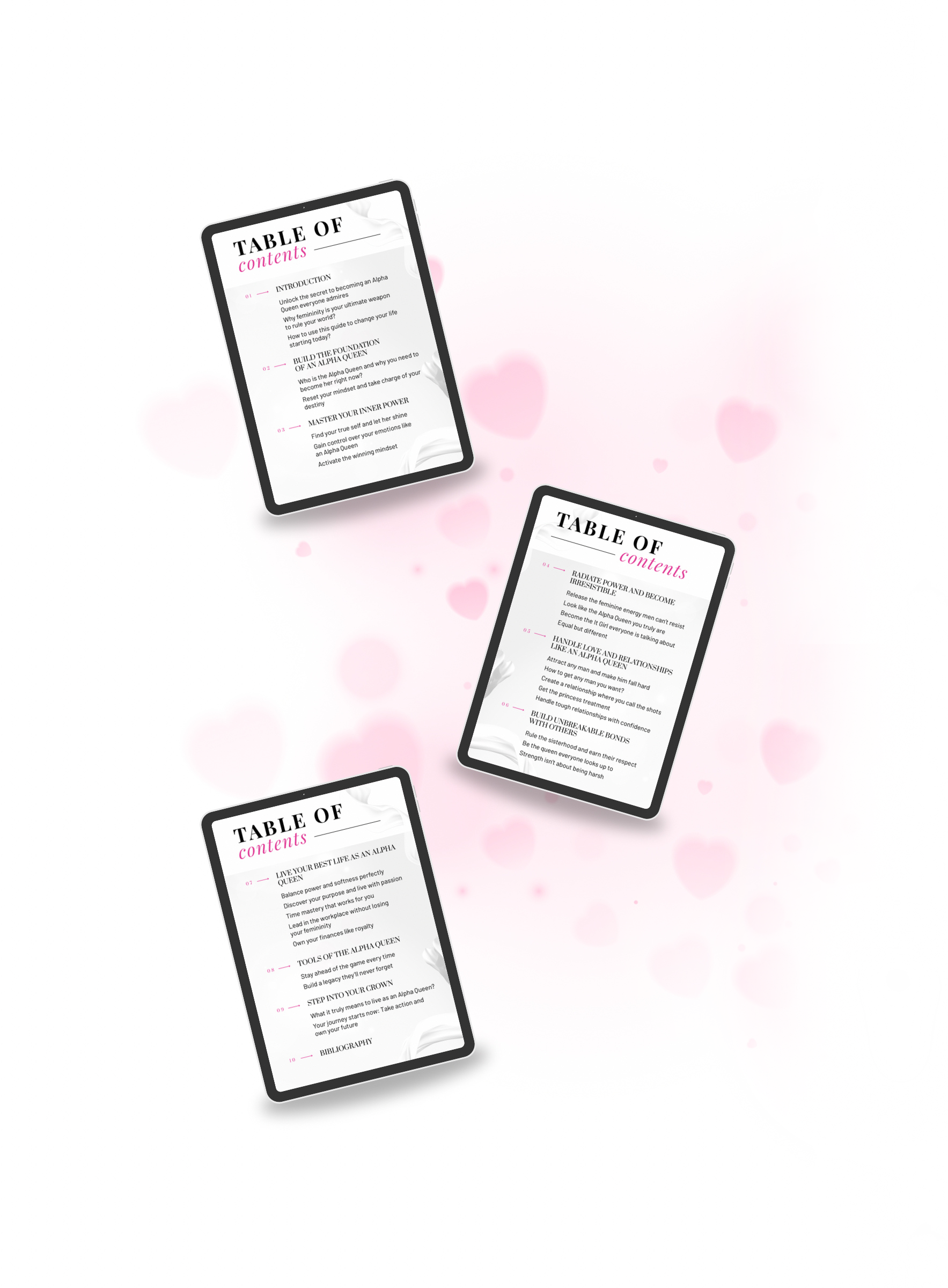 Multiple black tablet mockups displaying the table of contents of the ebook, outlining the path to powerful femininity in life and love. Title: 'The Alpha Queen'. Author: Aneta Mildiani. Relationship coaching for women mastering their power for success and love.