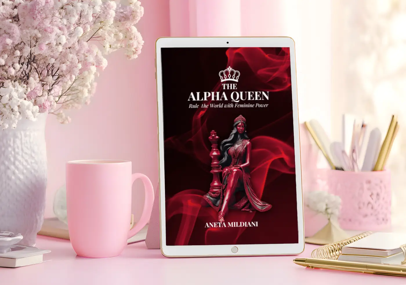 Ebook cover mockup on an exclusive pink background. Title: 'The Alpha Queen: Rule the World with Feminine Power'. Author: Aneta Mildiani. Essential reading for women embracing their inherent power for love and leadership.