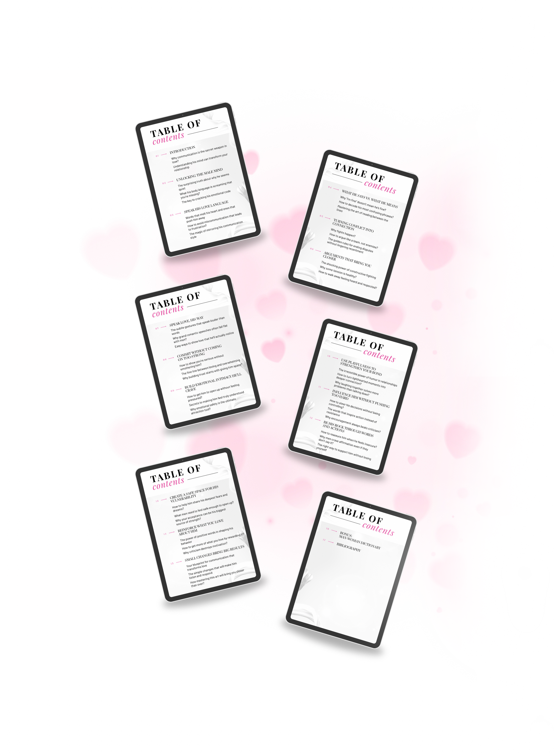 Multiple black tablet mockups displaying the table of contents of the ebook, highlighting chapters on effective relationship communication. Title: 'The Art of Communication'. Author: Aneta Mildiani. Essential for mastering love through powerful communication.