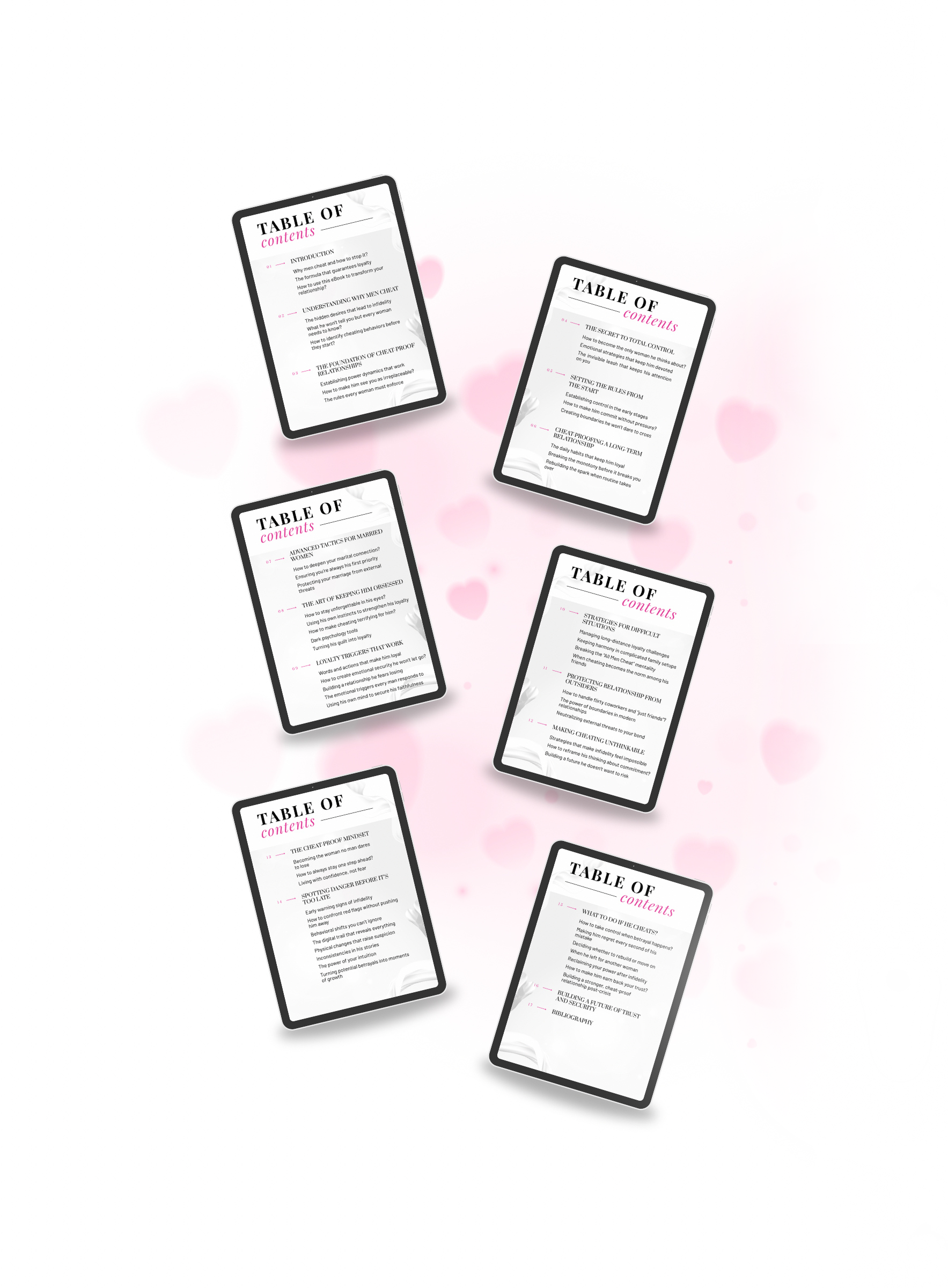 Multiple black tablet mockups displaying the table of contents of the ebook, highlighting sections on relationship loyalty. Title: 'The Loyalty Formula'. Author: Aneta Mildiani. Learn the proven formula for lasting, trusting love.