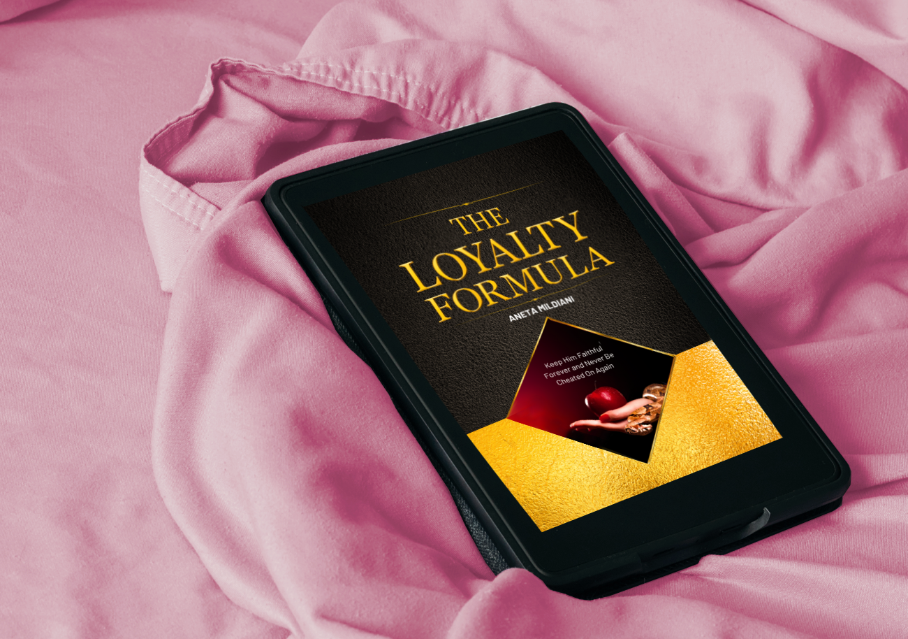 Ebook cover mockup on an exclusive pink background. Title: 'The Loyalty Formula: Keep Him Faithful Forever and Never Be Cheated On Again'. Author: Aneta Mildiani. The ultimate guide to protecting your love and commitment.