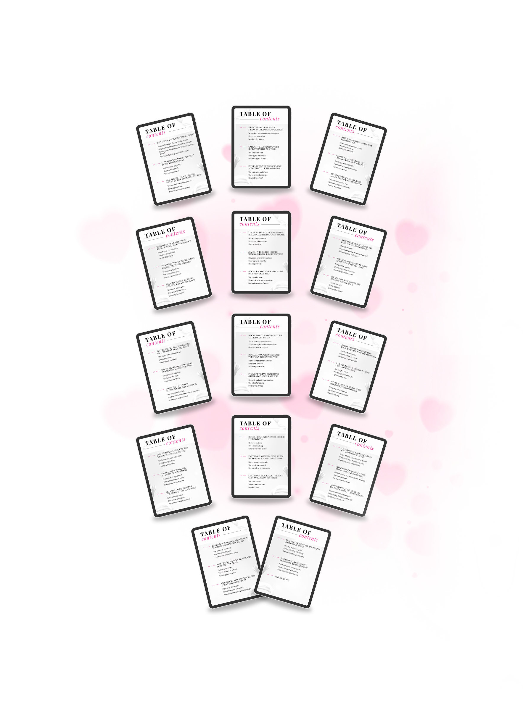 Multiple black tablet mockups displaying the table of contents of the ebook, outlining chapters on recovery and defense. Title: 'The Narcissist’s Toolbox Exposed'. Author: Aneta Mildiani. Empowering women to find genuine love after difficult relationships.