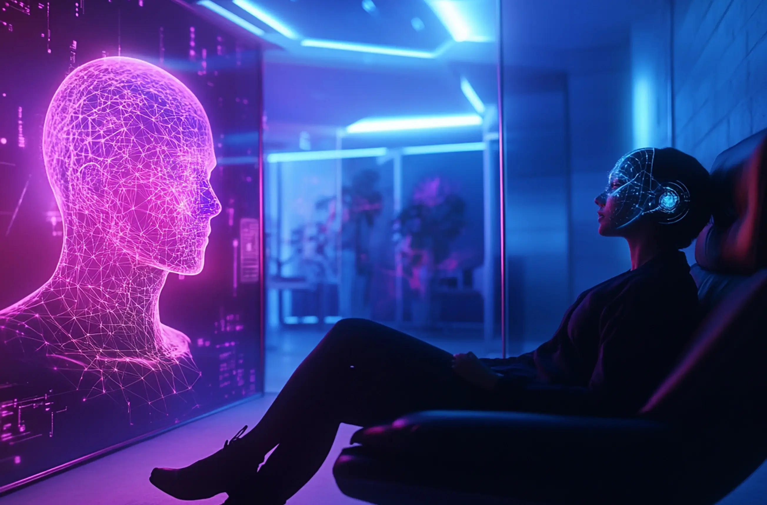 A futuristic, neon-lit image of a woman receiving virtual therapy from an AI head model, representing the intersection of technology and coaching, psychological support, and high-tech methods for relationship improvement.