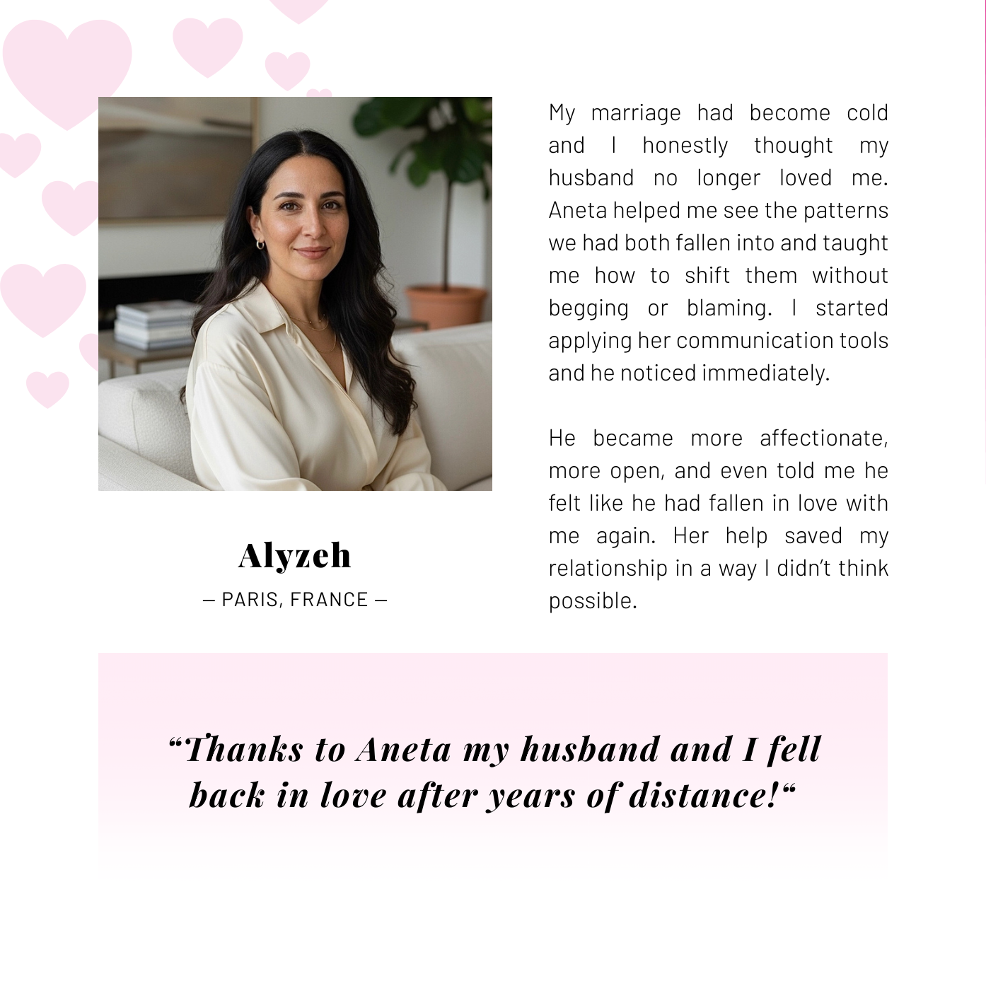 Woman on white-pink background giving Aneta Mildiani Relationship testimonial.