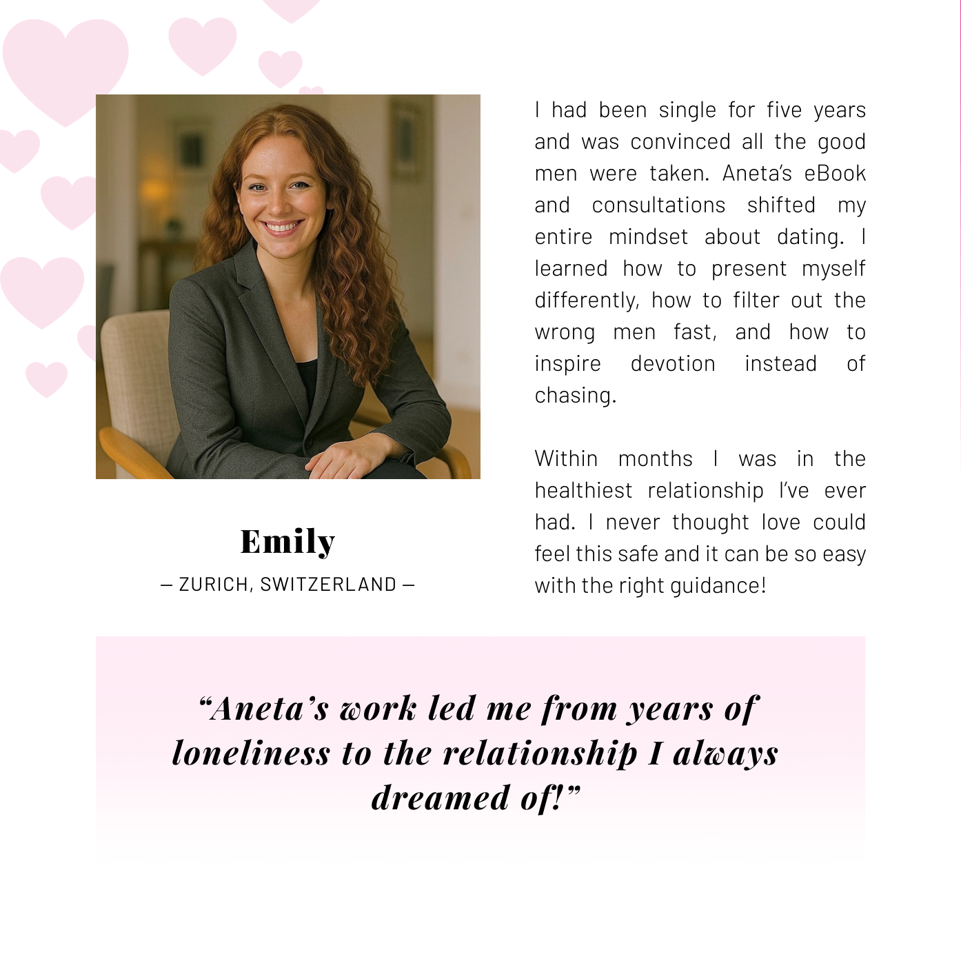 Woman on white-pink background giving Aneta Mildiani Relationship testimonial.