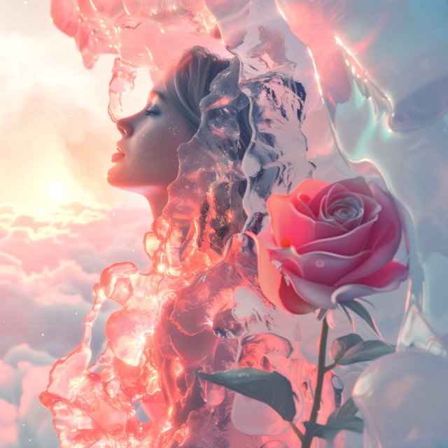 Aneta Mildiani, Relationship Coach, presents an ethereal image of a woman surrounded by soft pink light and a rose, symbolizing feminine archetypes and inner strength for self-discovery and relationship growth.