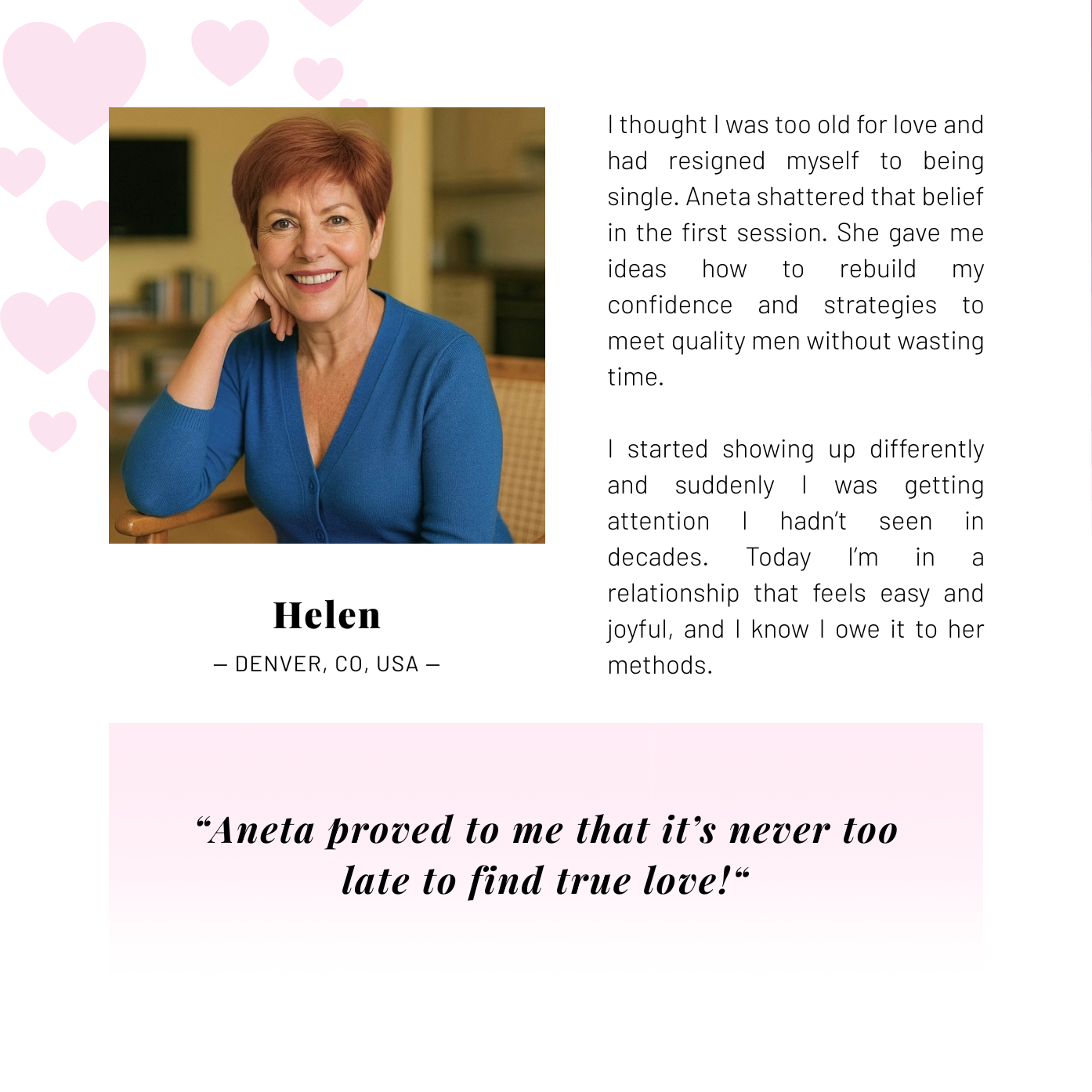 Woman on white-pink background giving Aneta Mildiani Relationship testimonial.