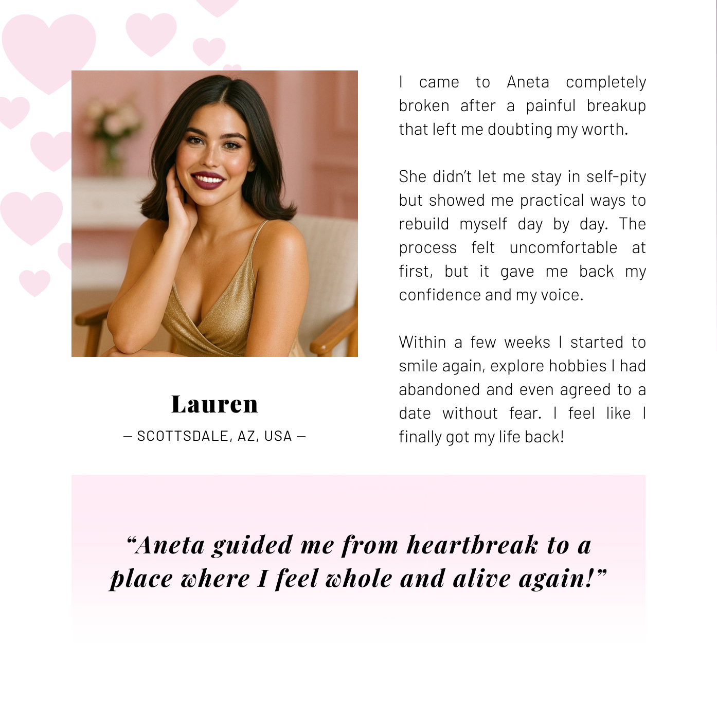 Woman on white-pink background giving Aneta Mildiani Relationship testimonial.