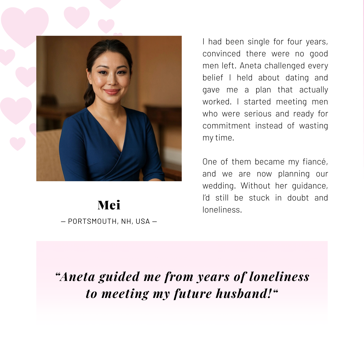 Woman on white-pink background giving Aneta Mildiani Relationship testimonial.