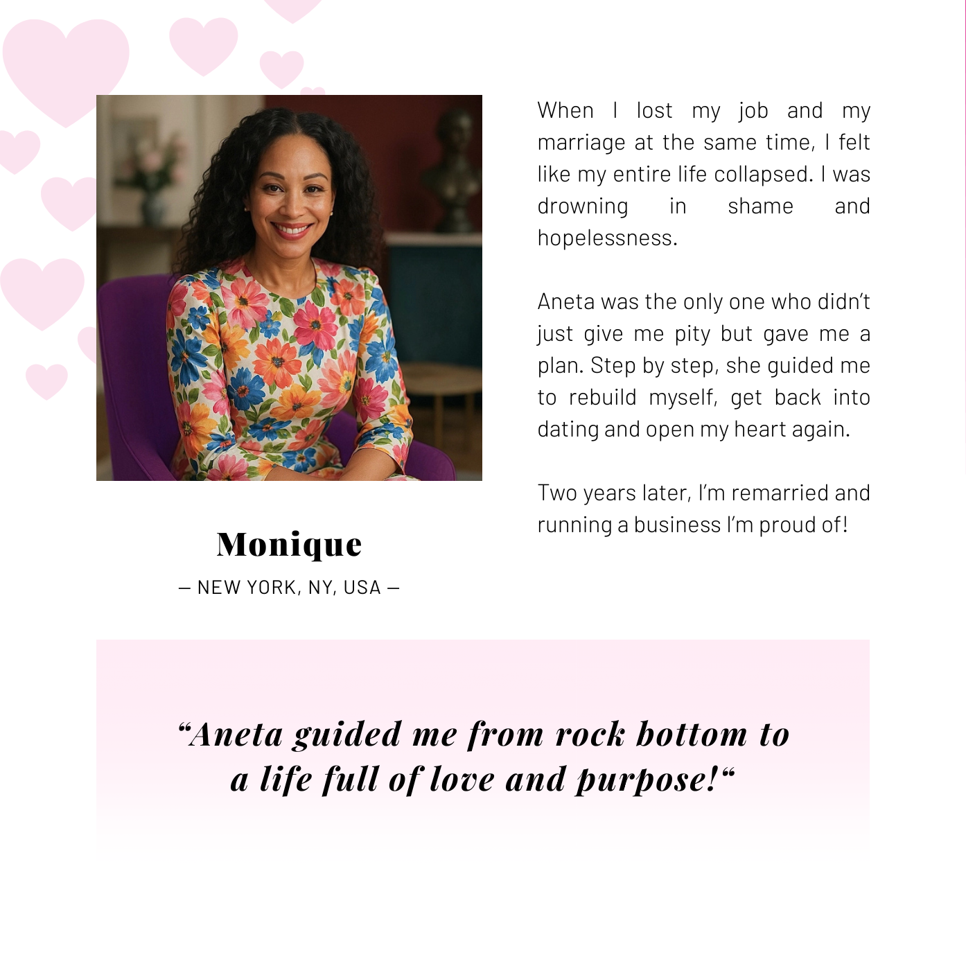 Woman on white-pink background giving Aneta Mildiani Relationship testimonial.